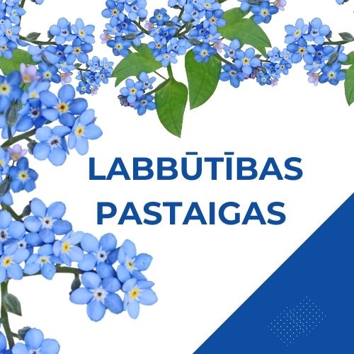 Attēlā zili ceriņi un uzraksts Labbūtības pastaigas