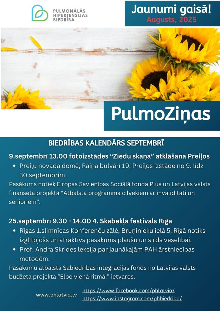 Augusta Pulmoziņu vēstneša numura pirmā lappuse zaļā krāsā ar tekstu un saulespuķu fotogrāfiju.
