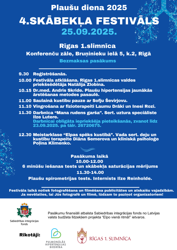 Attēla formātā 4.Skābekļa festivāla programma uz zila fona ar baltiem burtiem. Tālākajā tekstā programma aprakstīta teksta formātā.
